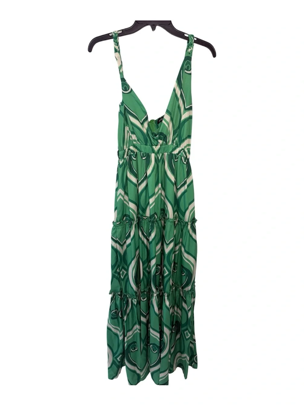 Green Abstract-Print Tiered Maxi Dress with V-Neck